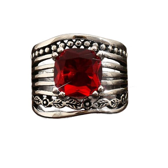 Statement Bohemian-Inspired Wide Silver Ring with Large Red CZ - Picture 1 of 4